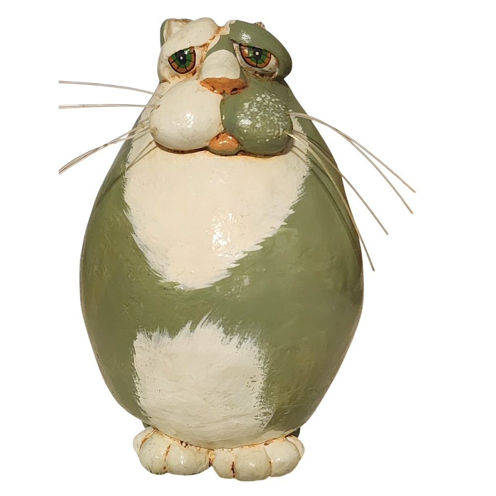Fat Cat Figurine By Val Thomas Green & White Striped -SEE PICS FLAWED